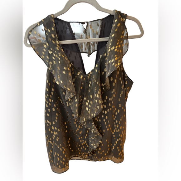 BCBGeneration Black and Gold Polka Dot Sleeveless Ruffle Blouse - Picture 1 of 4